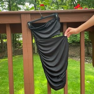 strapless ruched dress with cut out